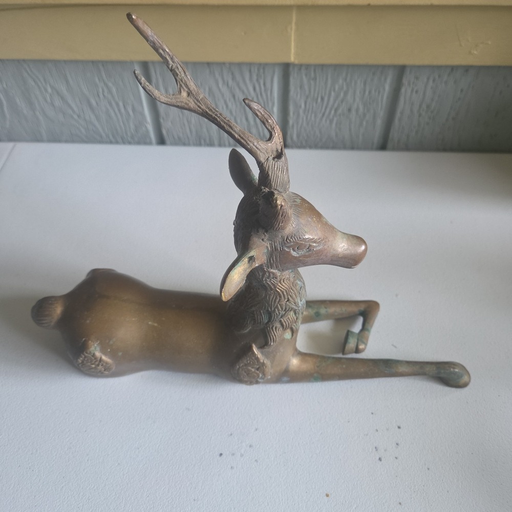 Vintage Brass Sculpture Deer MCM Stag Reclining Figure Antlers Aged Patina AS IS